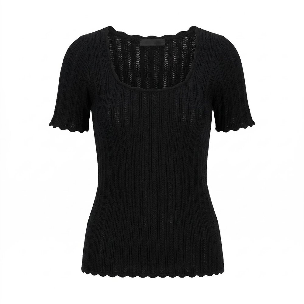 7 For All Mankind Scalloped Edge Ribbed Knit Top Scoop Neck Short Sleeve